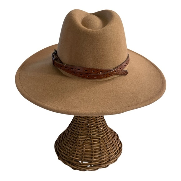 Wool Tan Fedora, Western, Fall, Winter Hat with Brown leather belt band. - Picture 3 of 13